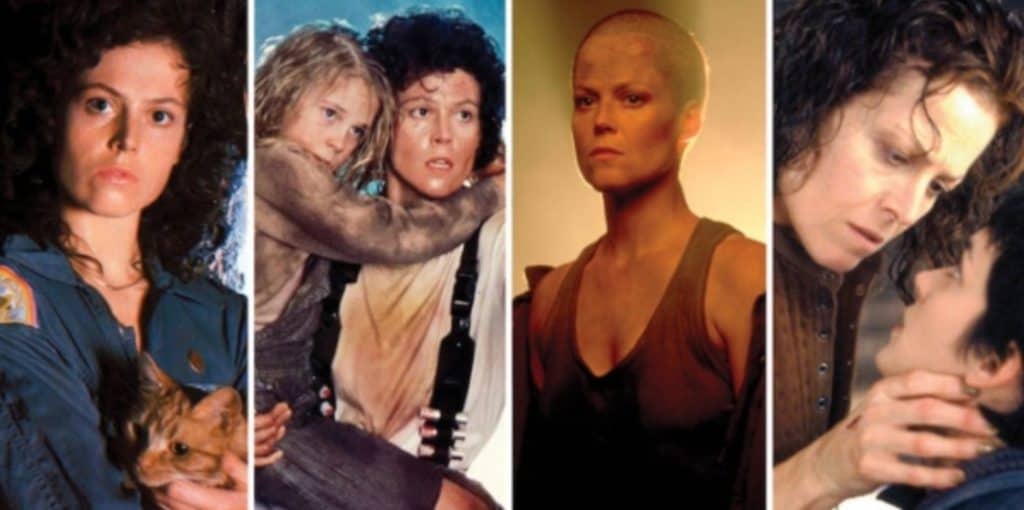 Sigourney Weaver as Ripley in Alien (1979), Aliens (1986), Alien 3 (1992), Alien: Resurrection (1997).